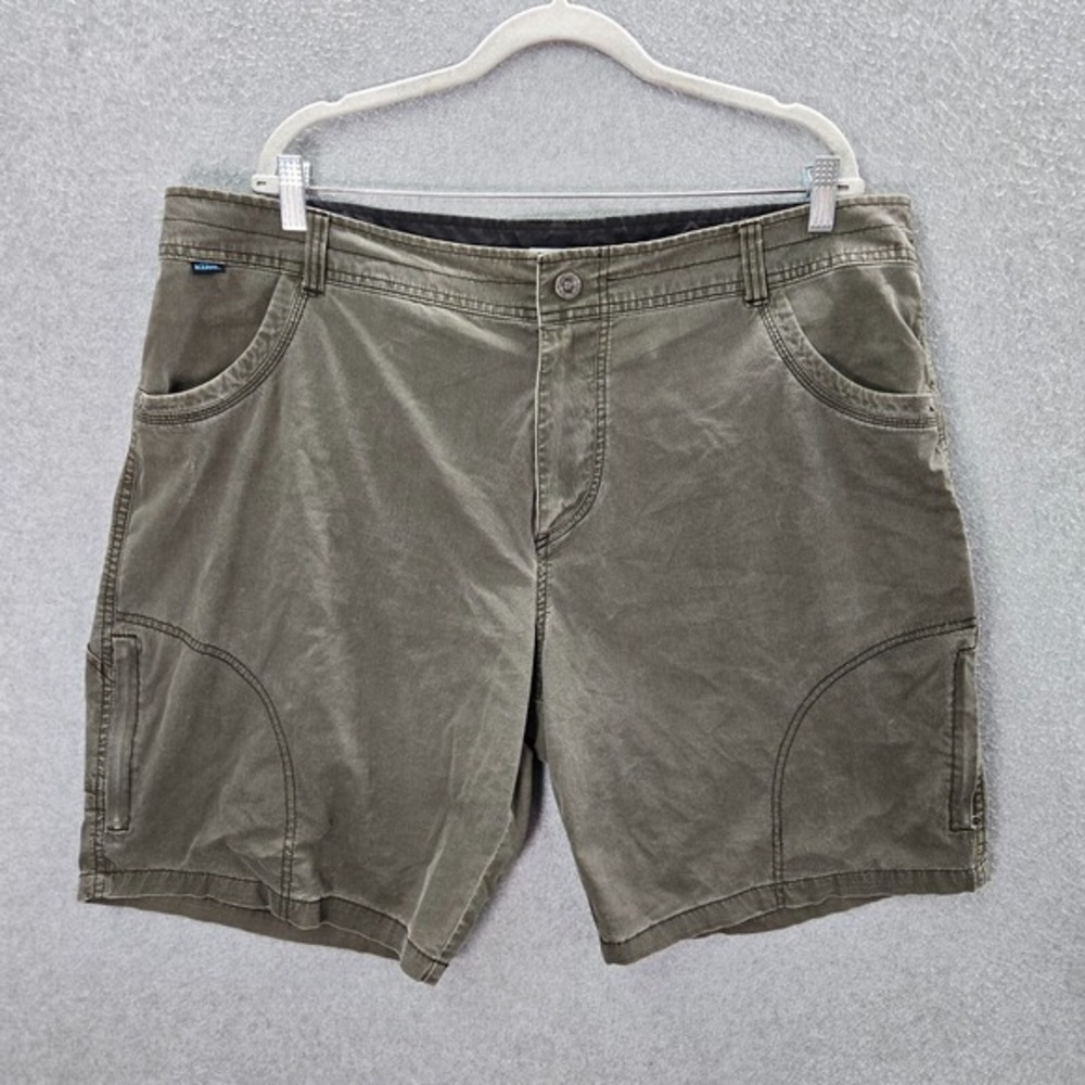 KUHL Men Shorts 42 Green Chino Zip Pockets Logo Nylon High Rise 9 in Inseam